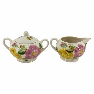 Vintage Hand Painted Floral Sugar Bowl & Creamer Set Pink Yellow Cottagecore Tea